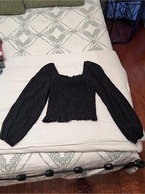 GAP Black Smocked Long-Sleeve Polka Dot Crop Top